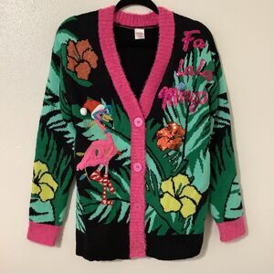 Holiday Time Fa La La Flamingo Kitsch Ugly Colorful Christmas Sweater Cardigan S